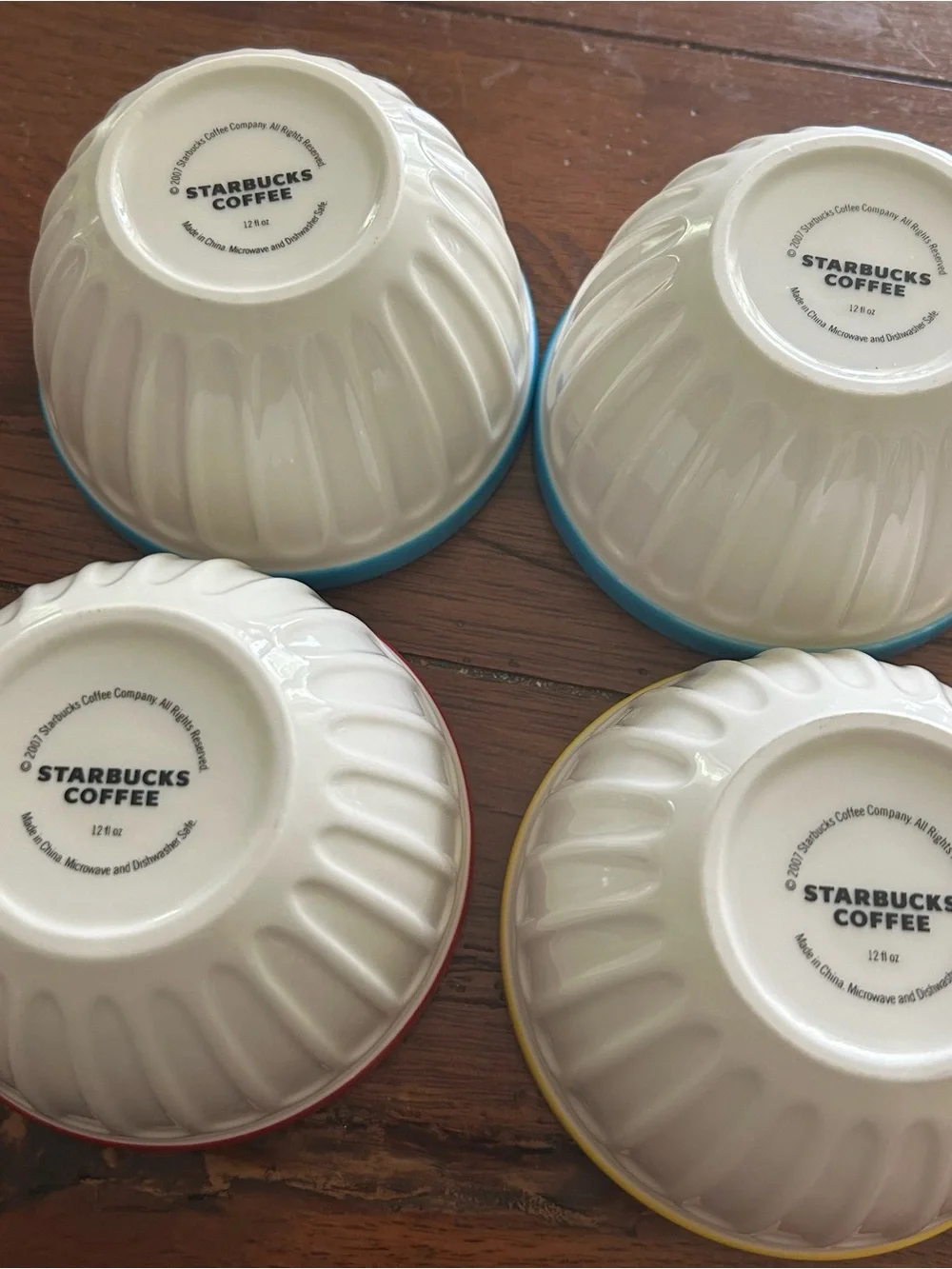 Starbucks 2007 Ceramic 12 ounce Ice Cream Bowls Yellow, Turquoise, and Red